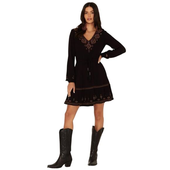 NWT Idyllwind Black Hurst Western Long Sleeve Midi V Neck Dress Size Large - Picture 1 of 12